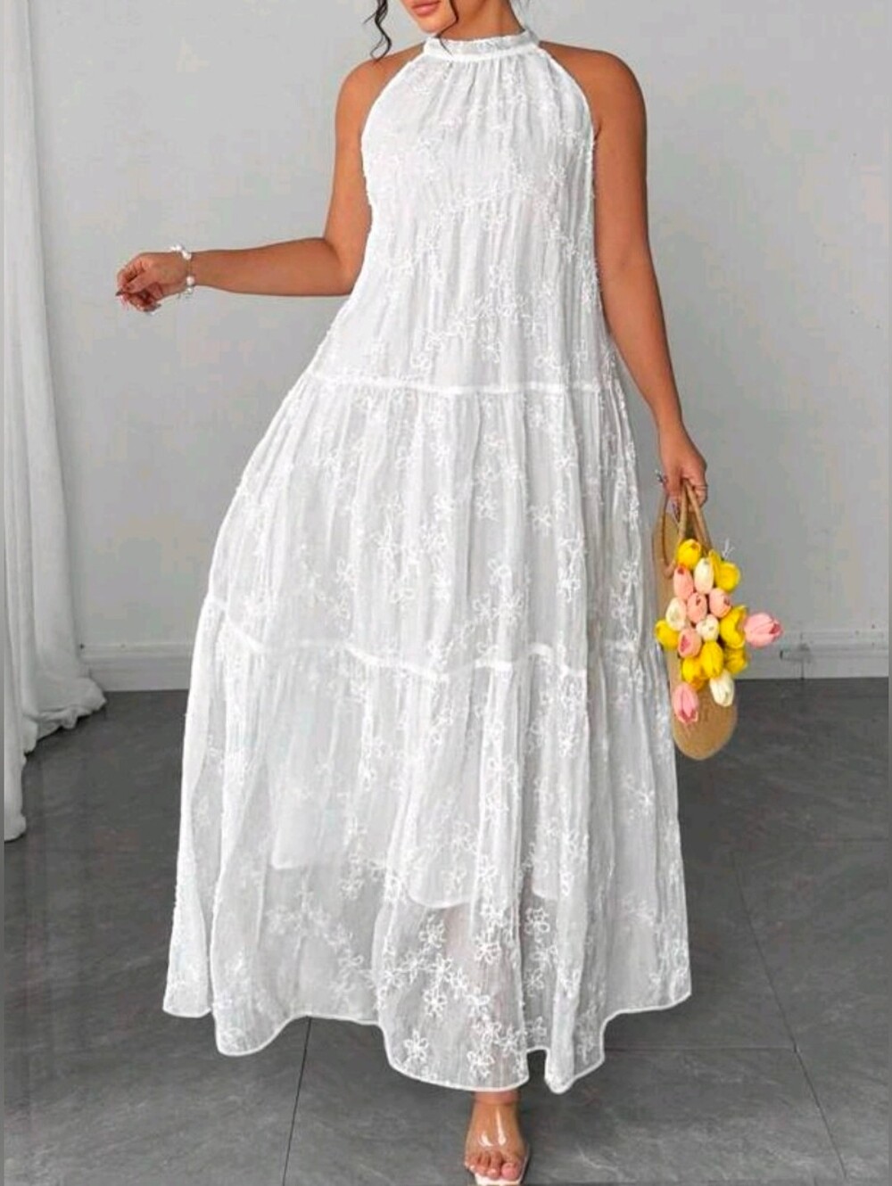 New Boho Lace Tie Neck Halter Tiered Loose Maxi Dress PLUS Sleeveless White - Picture 5 of 9